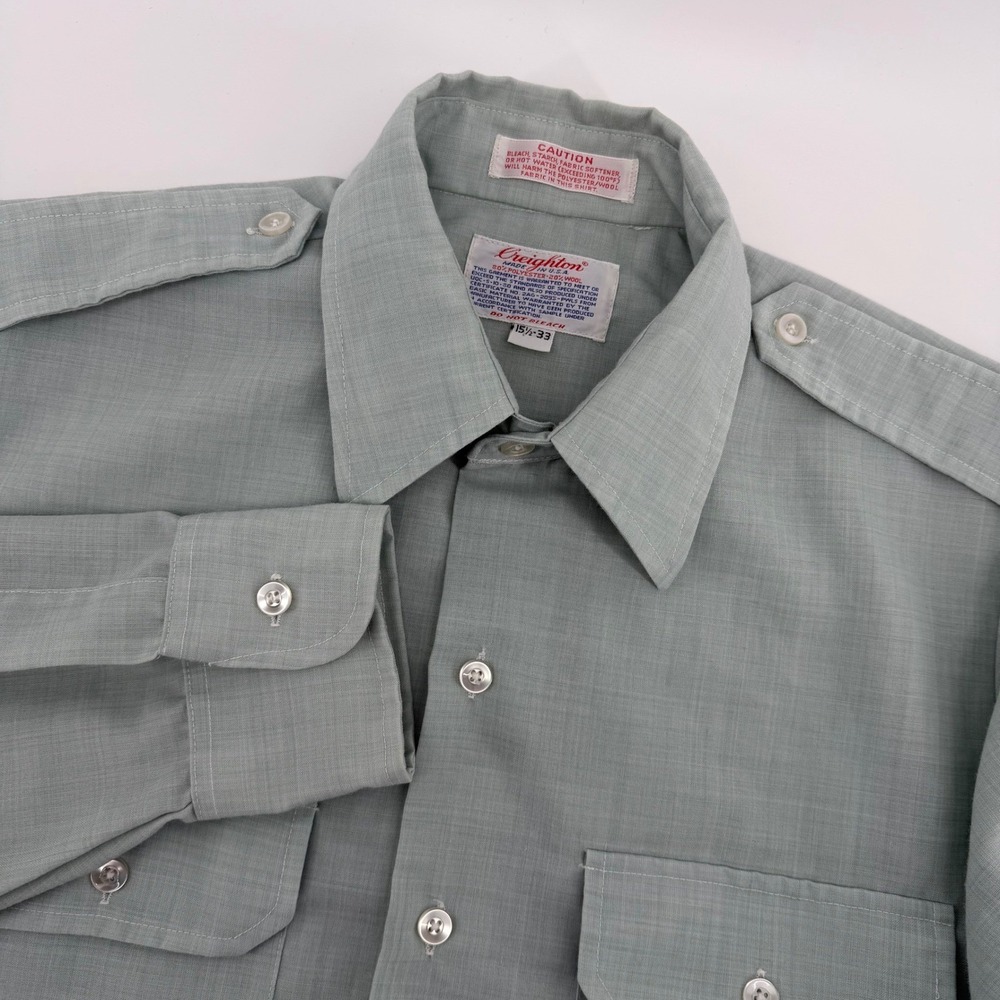 Creighton Mens Vintage Sage Green Uniform Shirt Polyester Wool Blend 15.5 x 33